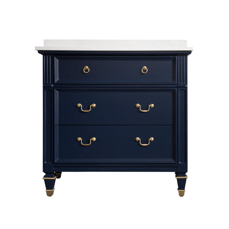 36inch Navy Blue Single Sink Freestanding Solid Wood Bathroom Vanity Storage Organizer with Carrara White Quartz Countertop