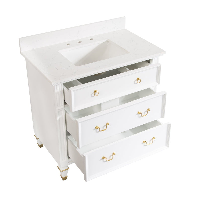 36inch White Single Sink Freestanding Solid Wood Bathroom Vanity Storage Organizer with Carrara White Quartz Countertop