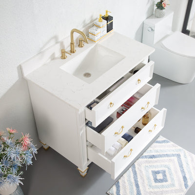 36inch White Single Sink Freestanding Solid Wood Bathroom Vanity Storage Organizer with Carrara White Quartz Countertop