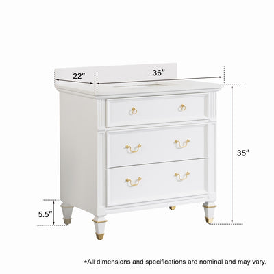 36inch White Single Sink Freestanding Solid Wood Bathroom Vanity Storage Organizer with Carrara White Quartz Countertop