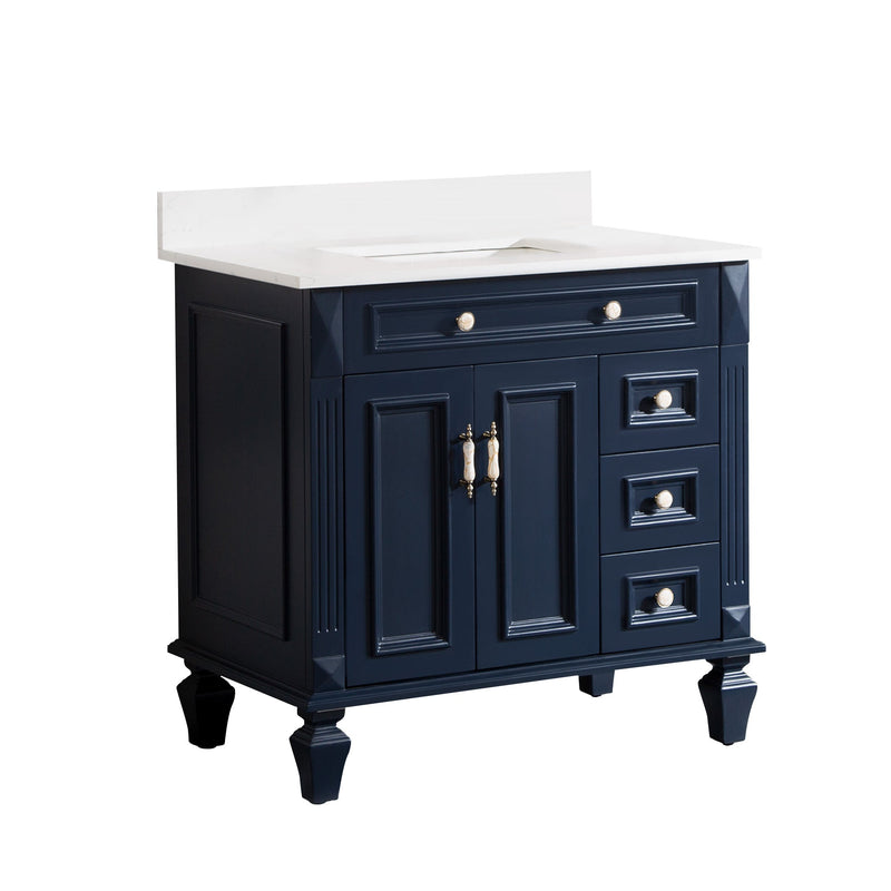 36inch Navy Blue Freestanding Solid Wood Bathroom Vanity Storage Organizer with Carrara White Quartz Countertop