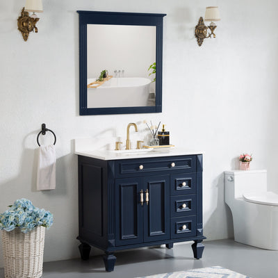 36inch Navy Blue Freestanding Solid Wood Bathroom Vanity Storage Organizer with Carrara White Quartz Countertop