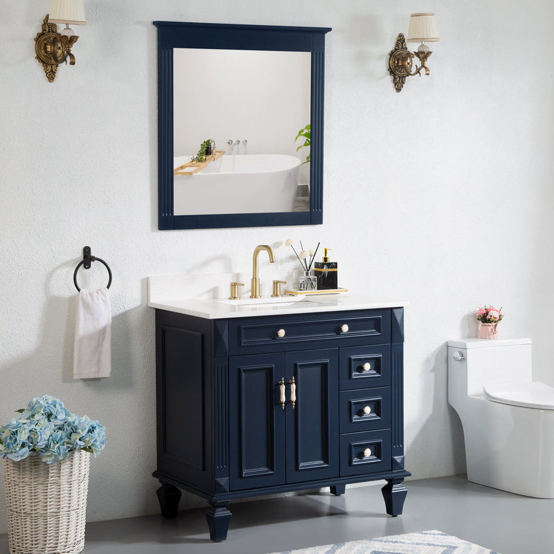 36inch Navy Blue Freestanding Solid Wood Bathroom Vanity Storage Organizer with Carrara White Quartz Countertop