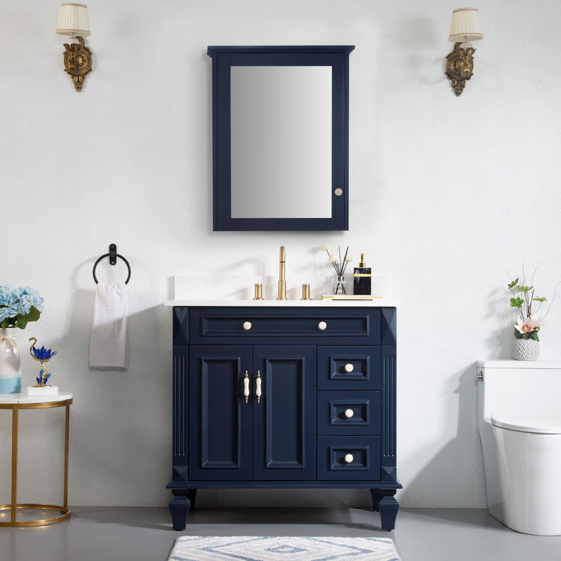 36inch Navy Blue Freestanding Solid Wood Bathroom Vanity Storage Organizer with Carrara White Quartz Countertop