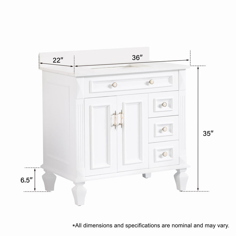 36inch White Freestanding Solid Wood Bathroom Vanity Storage Organizer with Carrara White Quartz Countertop