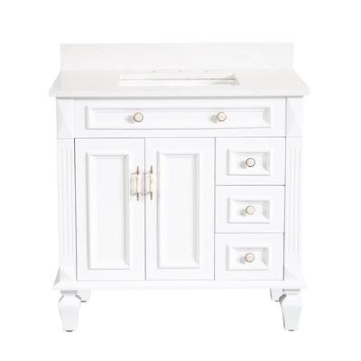 36inch White Freestanding Solid Wood Bathroom Vanity Storage Organizer with Carrara White Quartz Countertop