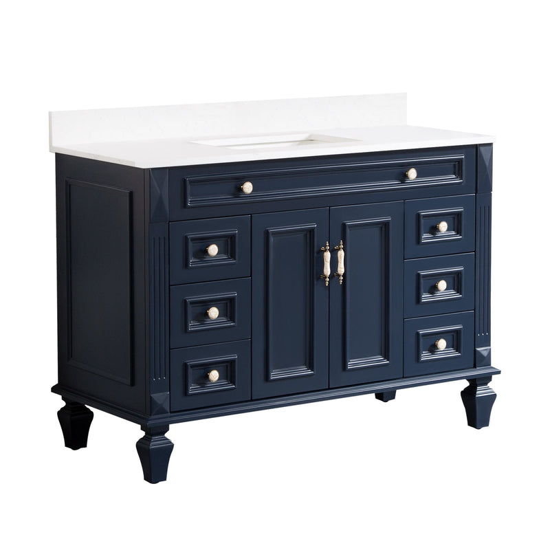 48inch Navy Blue Single Sink Freestanding Solid Wood Bathroom Vanity Storage Organizer with Carrara White Quartz Countertop