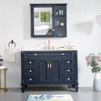 48inch Navy Blue Single Sink Freestanding Solid Wood Bathroom Vanity Storage Organizer with Carrara White Quartz Countertop