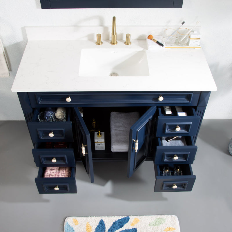 48inch Navy Blue Single Sink Freestanding Solid Wood Bathroom Vanity Storage Organizer with Carrara White Quartz Countertop