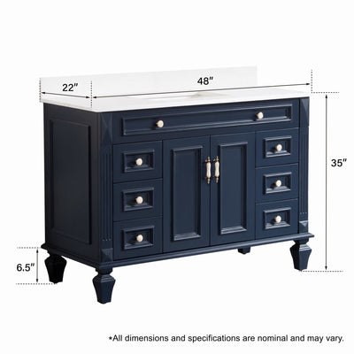 48inch Navy Blue Single Sink Freestanding Solid Wood Bathroom Vanity Storage Organizer with Carrara White Quartz Countertop