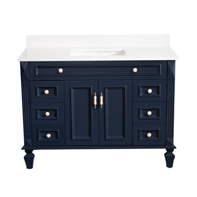 48inch Navy Blue Single Sink Freestanding Solid Wood Bathroom Vanity Storage Organizer with Carrara White Quartz Countertop