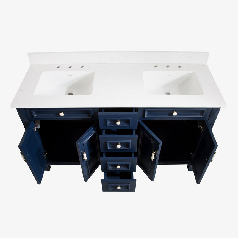 60inch Navy Blue Freestanding Solid Wood Bathroom Vanity Storage Organizer with Carrara White Quartz Countertop