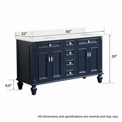 60inch Navy Blue Freestanding Solid Wood Bathroom Vanity Storage Organizer with Carrara White Quartz Countertop