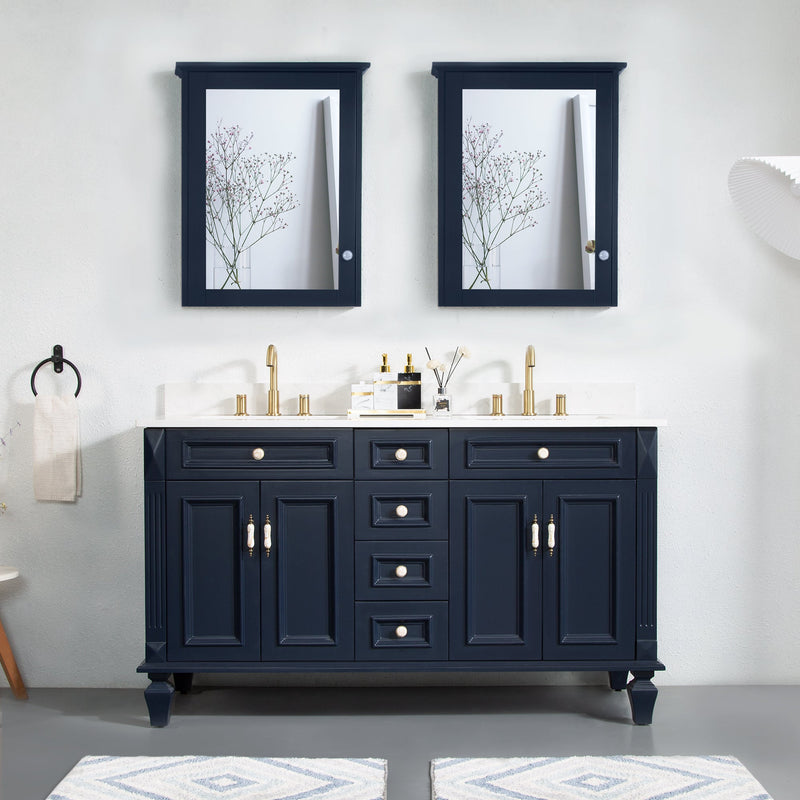 60inch Navy Blue Freestanding Solid Wood Bathroom Vanity Storage Organizer with Carrara White Quartz Countertop