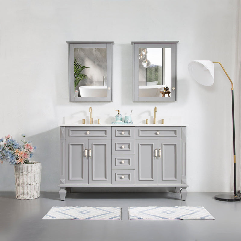 60inch Titanium Grey Freestanding Solid Wood Bathroom Vanity Storage Organizer with Carrara White Quartz Countertop