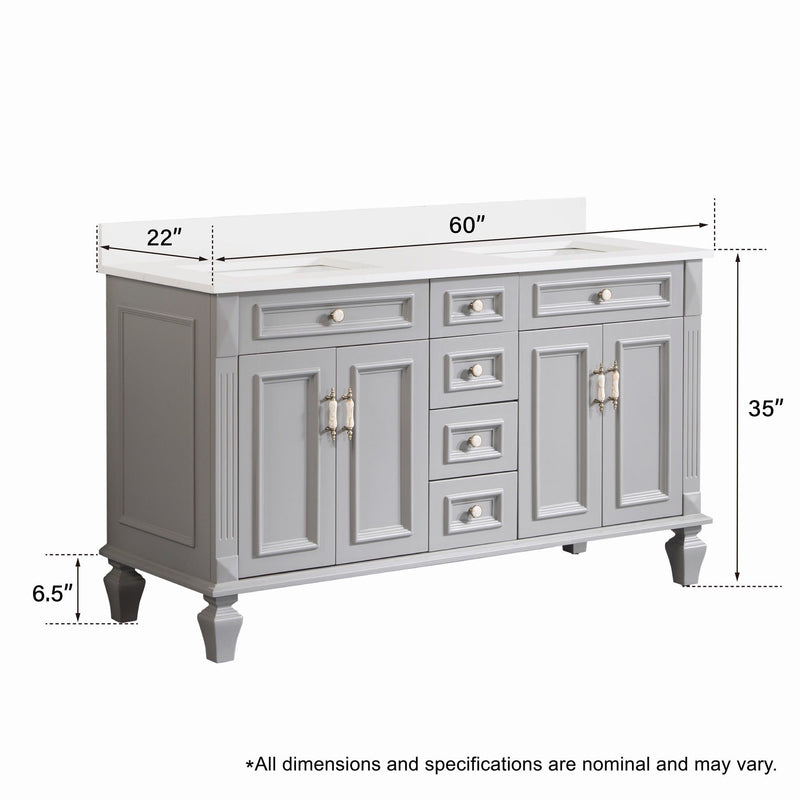 60inch Titanium Grey Freestanding Solid Wood Bathroom Vanity Storage Organizer with Carrara White Quartz Countertop