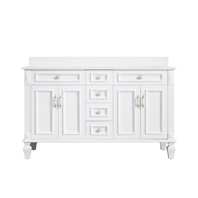 60inch White Freestanding Solid Wood Bathroom Vanity Storage Organizer with Carrara White Quartz Countertop