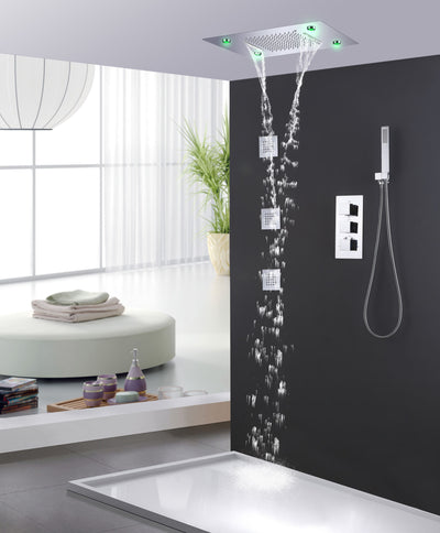 LED Thermostatic Shower System Ceiling Mounted Rainfall Shower Head And 3 Body Massager Jets