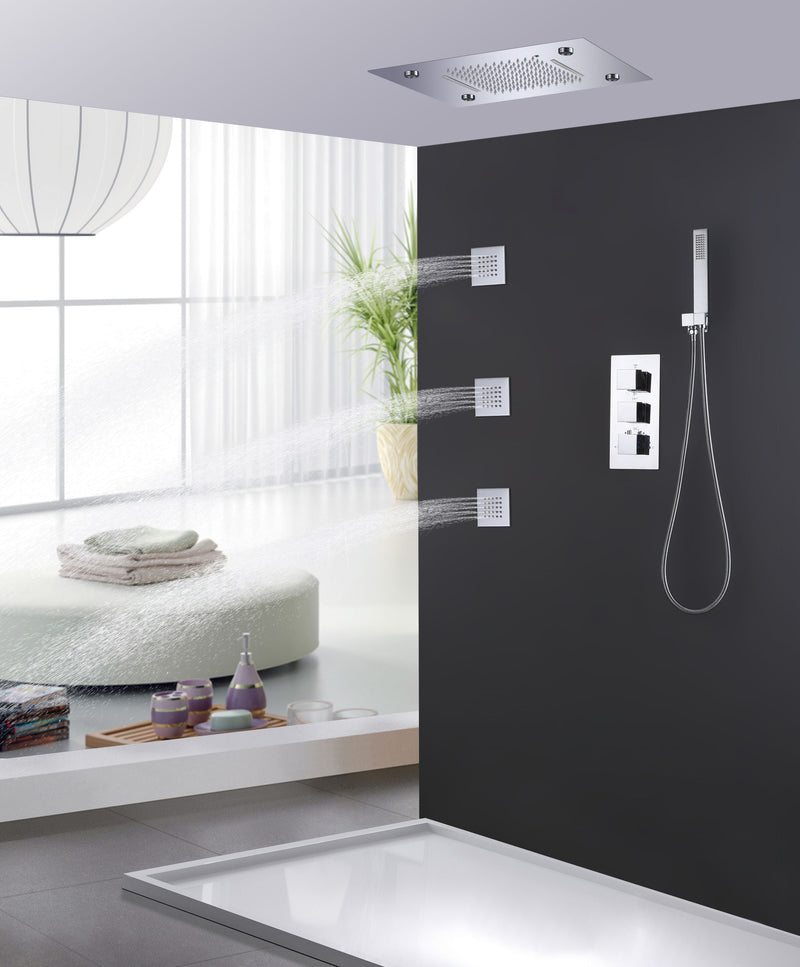 LED Thermostatic Shower System Ceiling Mounted Rainfall Shower Head And 3 Body Massager Jets