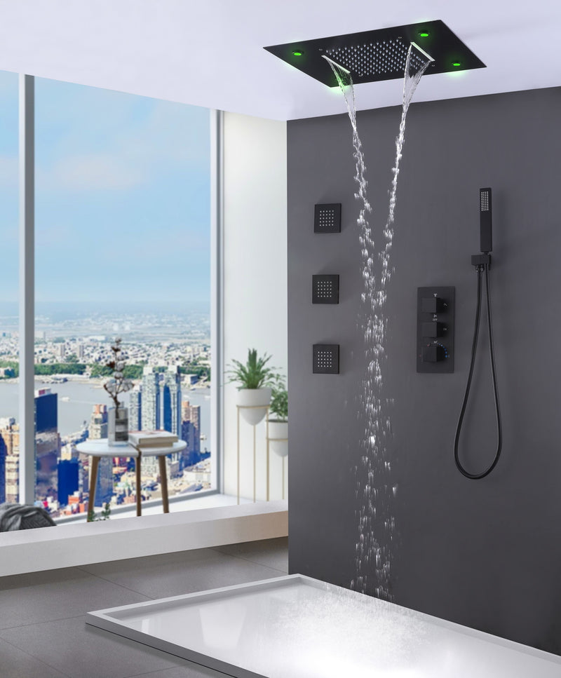 LED Thermostatic Shower System Ceiling Mounted Rainfall Shower Head And 3 Body Massager Jets