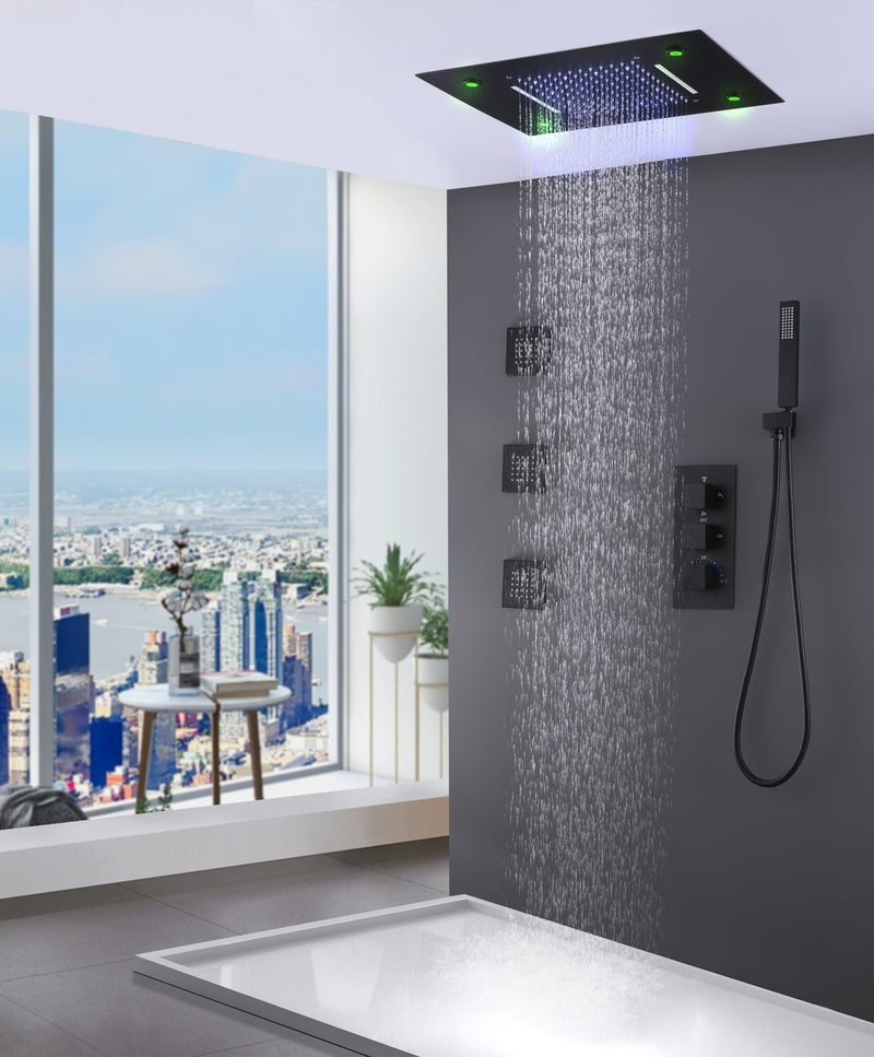 LED Thermostatic Shower System Ceiling Mounted Rainfall Shower Head And 3 Body Massager Jets