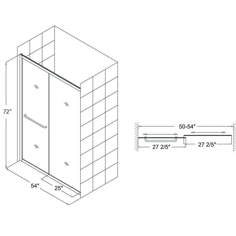 54 in. W x 72 in. H Semi-Frameless Glass Bypass 2 Way Sliding Shower Doors