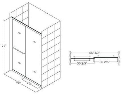 54 in. W x 72 in. H Semi-Frameless Glass Bypass 2 Way Sliding Shower Doors