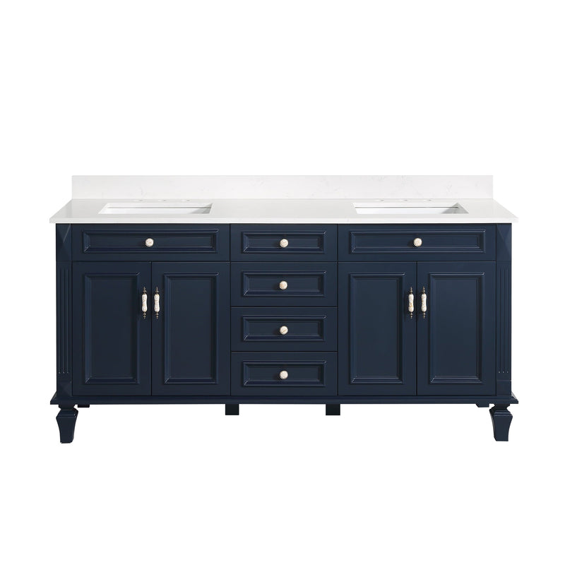 72inch Navy Blue Freestanding Solid Wood Bathroom Vanity Storage Organizer with Carrara White Quartz Countertop