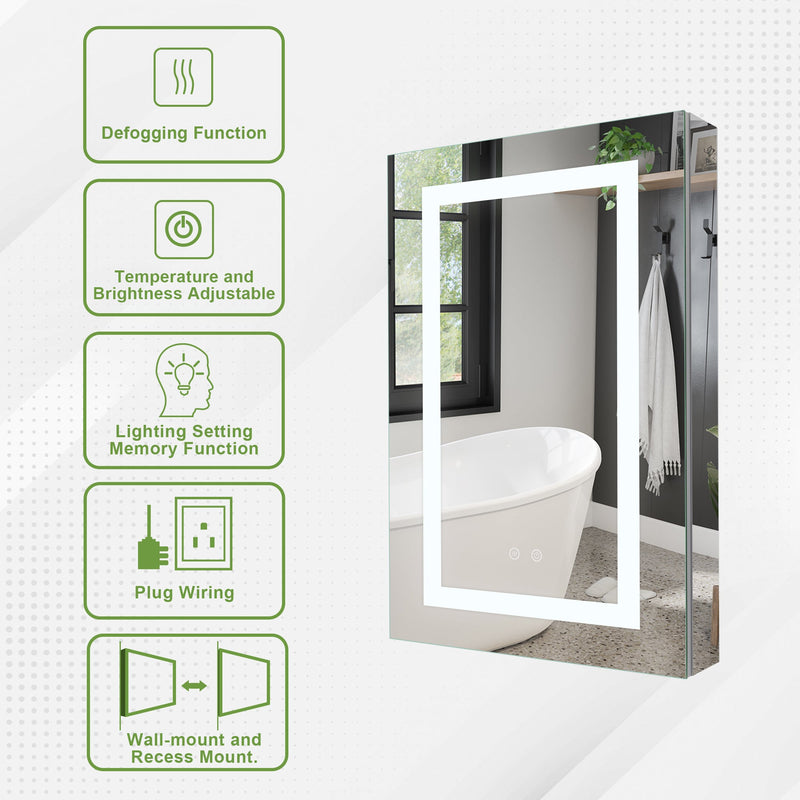 20-in x 30-in Lighted LED Surface/Recessed Mount Silver Mirrored Rectangle Medicine Cabinet with Outlet Right Side