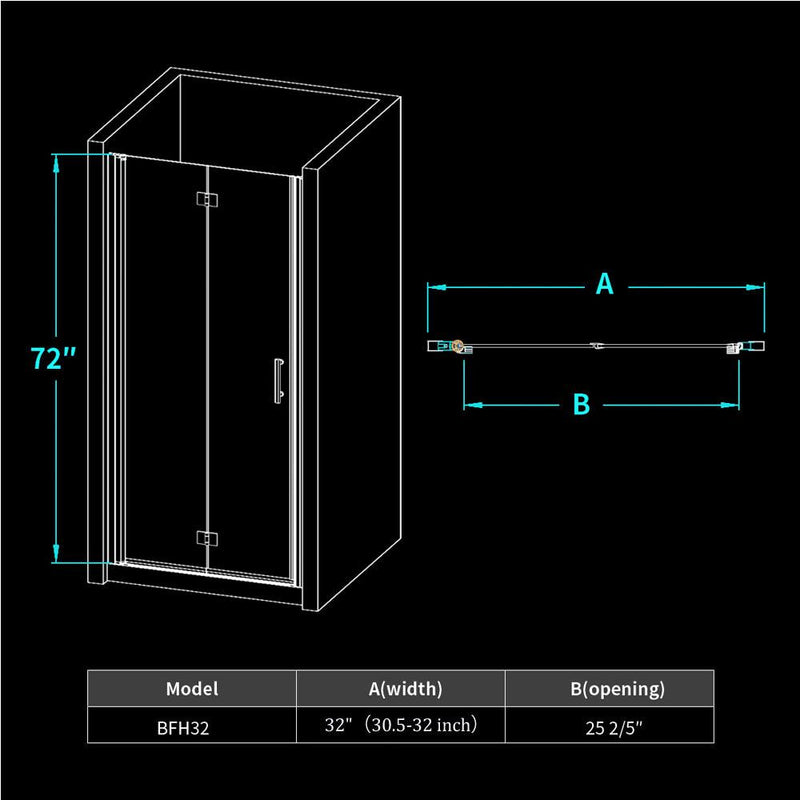 32 in. x 72 in. Semi-Frameless Hinged Bathtub Bi-Fold Shower Door in Clear Glass, 32 in. W with Handle, Chrome