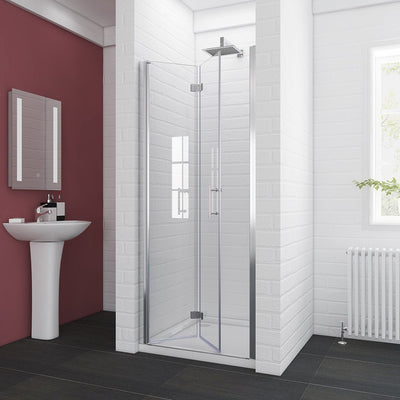 32 in. x 72 in. Semi-Frameless Hinged Bathtub Bi-Fold Shower Door in Clear Glass, 32 in. W with Handle, Chrome