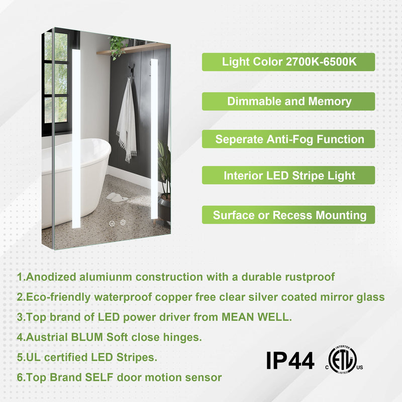 20-in x 30-in Lighted LED Surface/Recessed Mount Mirrored Rectangle Medicine Cabinet with Outlet left Side