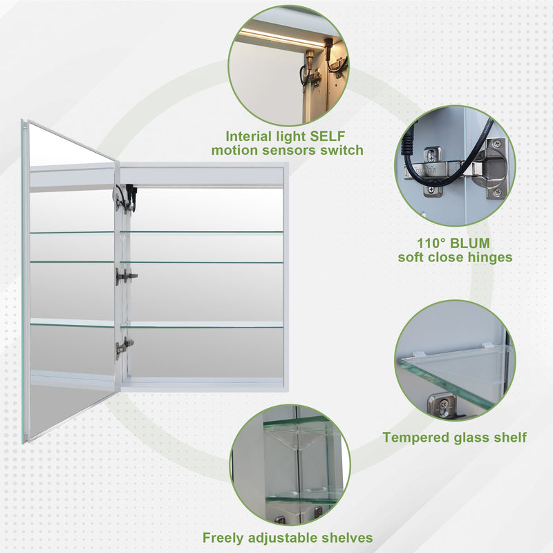 20-in x 30-in Lighted LED Surface/Recessed Mount Mirrored Rectangle Medicine Cabinet with Outlet left Side