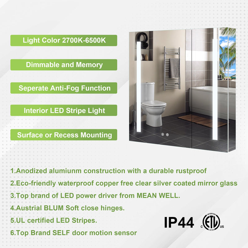 36-in x 30-in Lighted LED Surface/Recessed Mount Aluminum Mirrored Medicine Cabinet with Outlet