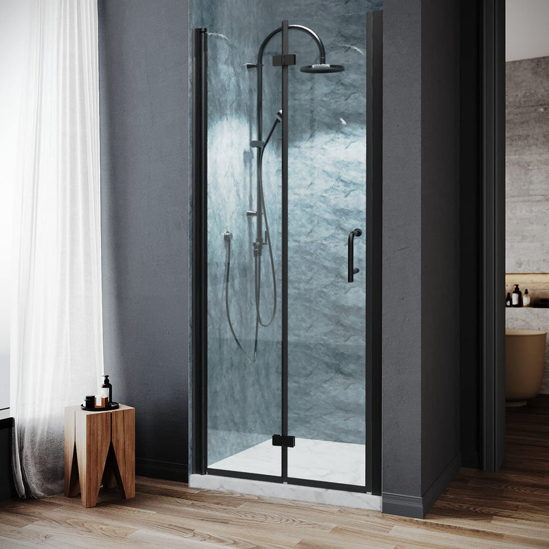 30inch W x 72inch H Folding Shower Door Matte Black Semi-Frameless Hinged Shower Door with Handle