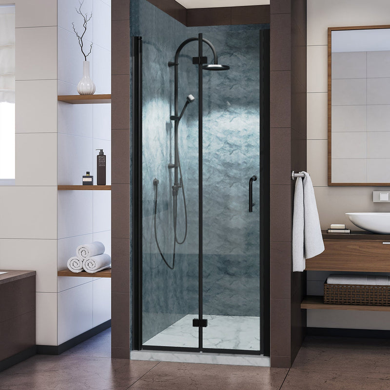 34inch W x 72inch H Folding Semi-Frameless Swing Hinged Shower Doors in Black