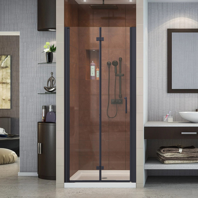 34inch W x 72inch H Folding Semi-Frameless Swing Hinged Shower Doors in Black