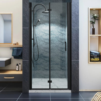 34inch W x 72inch H Folding Semi-Frameless Swing Hinged Shower Doors in Black