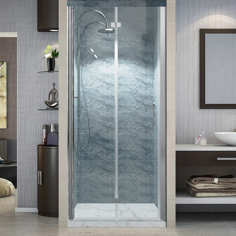 34inch W x 72inch H Folding Semi-Frameless Swing Hinged Shower Doors in Chrome