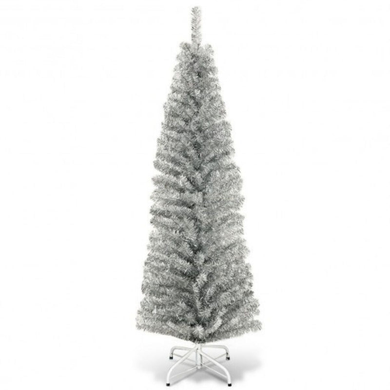 6 Feet Tinsel Artificial Slim Pencil Christmas Tree with Electroplated Technology