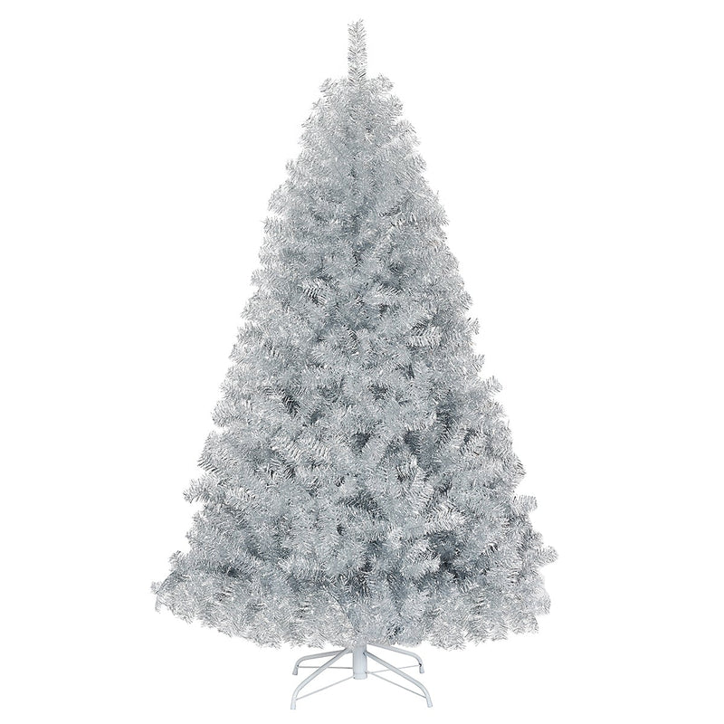 Hinged Unlit Artificial Silver Tinsel Christmas Tree with Metal Stand