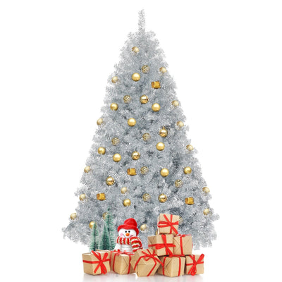 Hinged Unlit Artificial Silver Tinsel Christmas Tree with Metal Stand