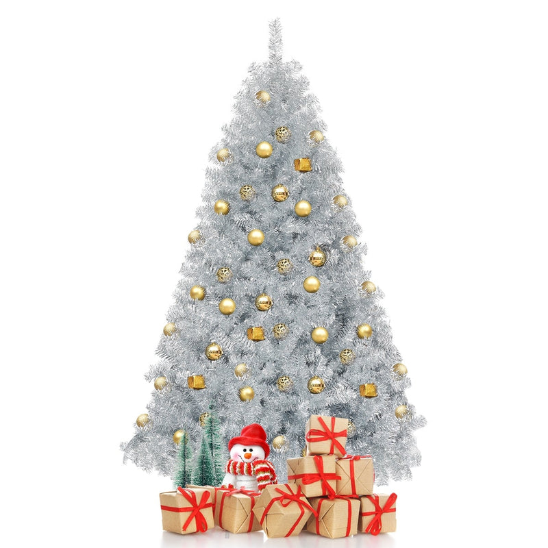 Hinged Unlit Artificial Silver Tinsel Christmas Tree with Metal Stand