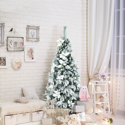 Snow Flocked Christmas Pencil Tree with Berries and Poinsettia Flowers