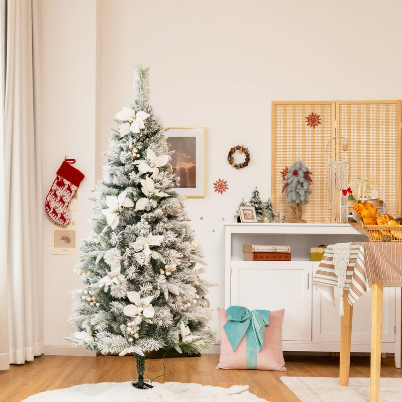 Snow Flocked Christmas Pencil Tree with Berries and Poinsettia Flowers