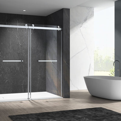 56 in to 60 in W x 76 in H. Trackless Double Sliding Shower Door