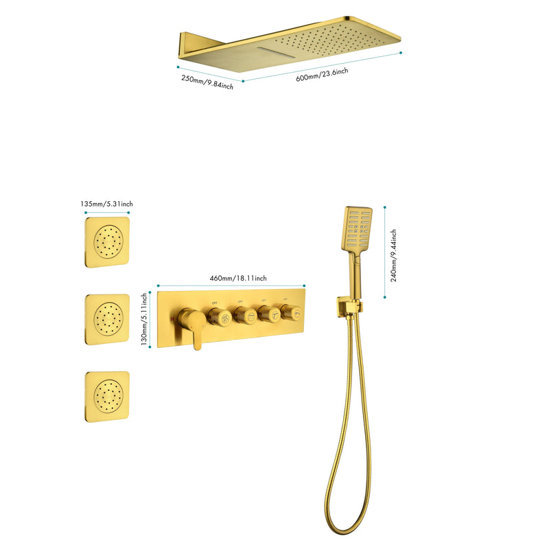 Wall Mounted Waterfall Rain Shower System With 3 Body Sprays & Handheld Shower