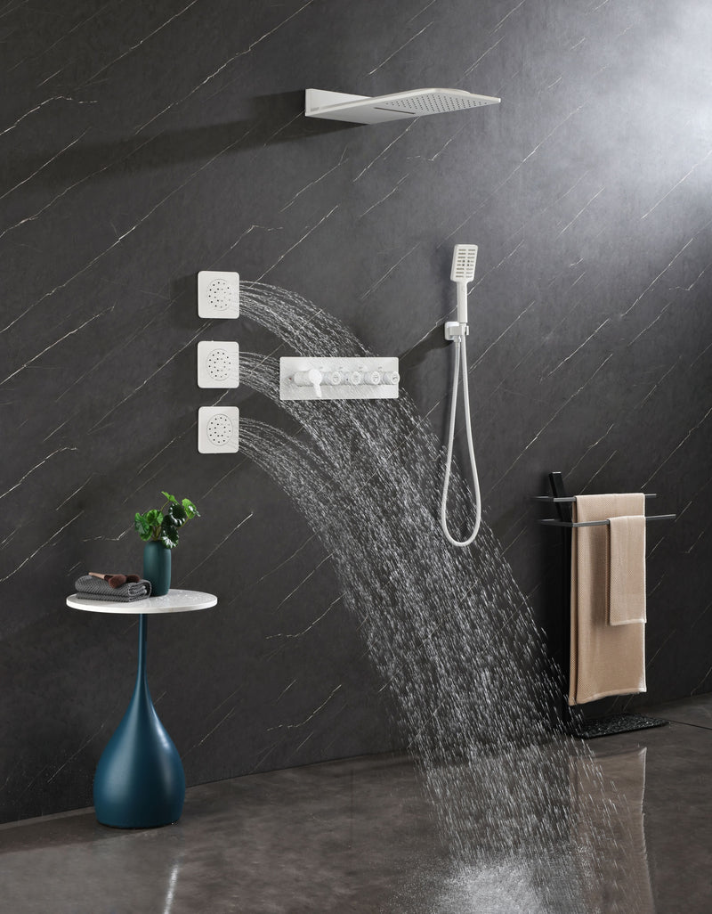 Wall Mounted Waterfall Rain Shower System With 3 Body Sprays & Handheld Shower