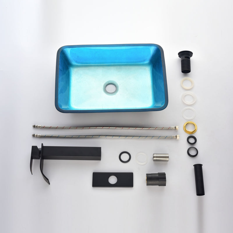 18in L -13in W -12in H Handmade Countertop Glass Rectangular Vessel Bathroom Sink Set in Turquoise