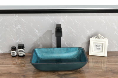 18in L -13in W -12in H Handmade Countertop Glass Rectangular Vessel Bathroom Sink Set in  Blue Glass